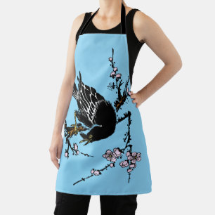 Vintage japanische Crow- und Kirschblüten Schürze