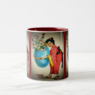 Vintage Japanische Dame, Ei Vase mit Blumen, ZSSG Zweifarbige Tasse