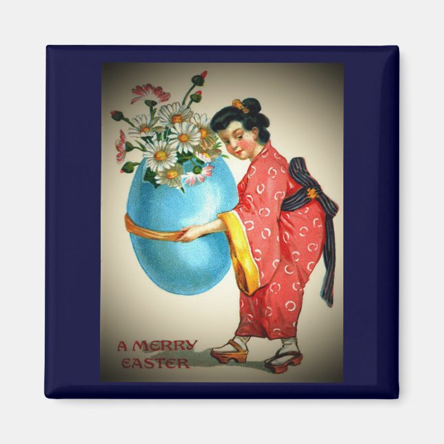 Vintage japanische Dame, Eiervase mit Blume, ZSSG Magnet (Vorne)