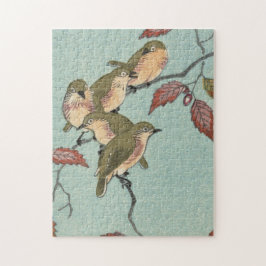 Vintage japanische feine Kunst-Grün-Vögel Puzzle