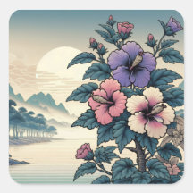 Vintage japanische florale Hibiskus-Kunst im Quadr
