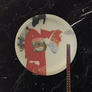 Vintage japanische Frau im roten Kimono Pappteller
