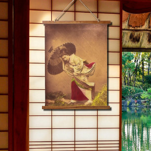 Vintage-japanische Frau im Wind  Wandteppich Mit Holzrahmen
