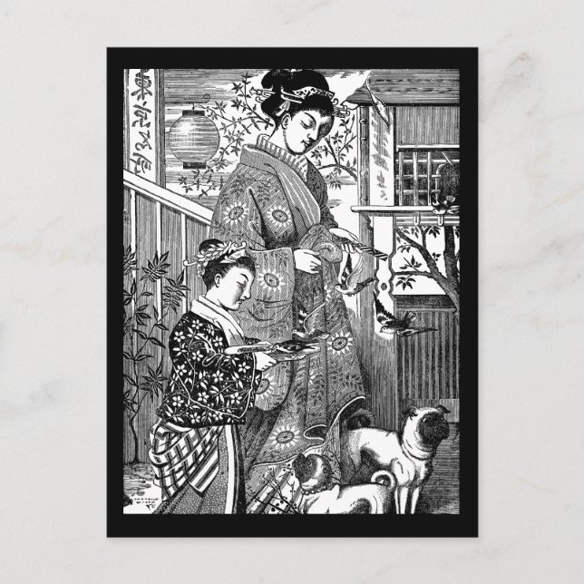 Vintage japanische Frau mit Möpse Postkarte (Vorderseite)