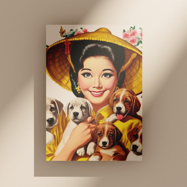 Vintage japanische Frau und Welpen Postkarte (Von Creator hochgeladen)