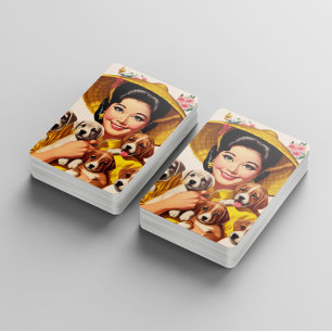 Vintage japanische Frau und Welpen Spielkarten