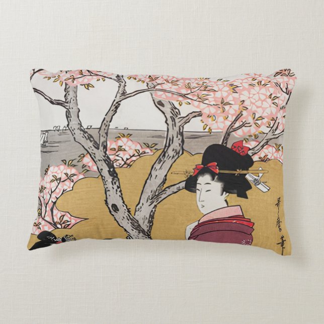 Vintage japanische Frauen und Kirschblüten Dekokissen (Rückseite)