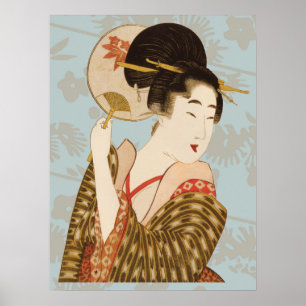 Vintage japanische Geisha-Dame im Kimono mit Fäche Poster