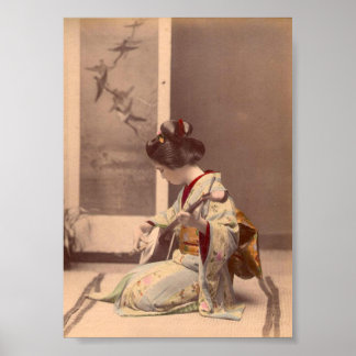 Vintage japanische Geisha, die Shamisen spielt Poster