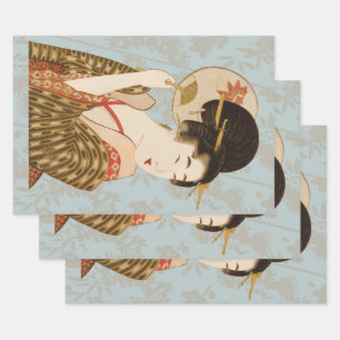Vintage japanische Geisha Girl in Kimono mit Fan Geschenkpapier Set
