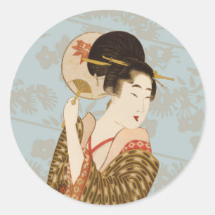 Vintage japanische Geisha Girl in Kimono mit Fan Runder Aufkleber