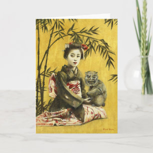 Vintage-Japanische-Geisha-und-Dämon-Grußkarte Karte