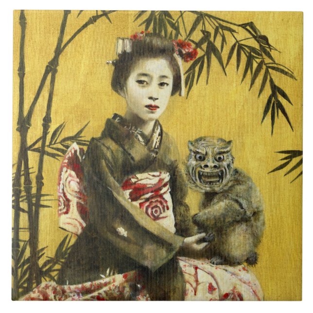 Vintage japanische Geisha-und Dämon-Keramik-Fliese Fliese (Vorderseite)