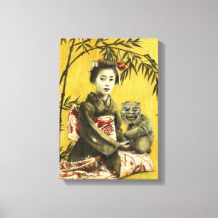 Vintage japanische Geisha- und Demon-Leinwand Leinwanddruck