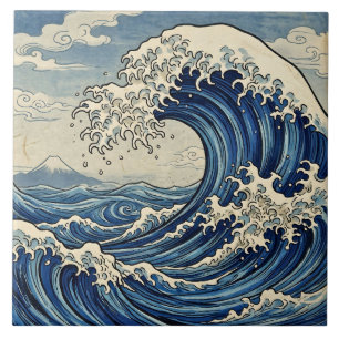 Vintage Japanische Große Welle & Berg Fuji Fliese