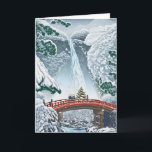 Vintage japanische Illustrierte Weihnachtskarte Karte<br><div class="desc">Japanische Landschaft mit Wasserfall und roter Brücke. Zwei Leute stehen auf der Brücke mit einem Weihnachtsbaum.</div>