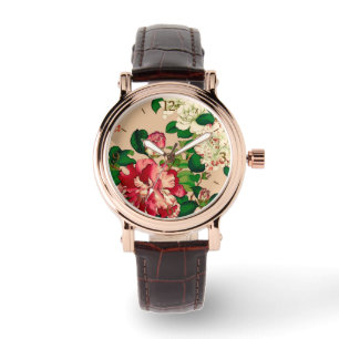 Vintage japanische Kamelien. Deep Pink auf Beige Armbanduhr