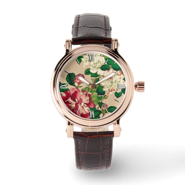Vintage japanische Kamelien. Deep Pink auf Beige Armbanduhr (Vorderseite)