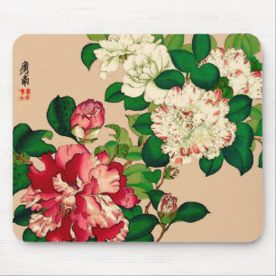 Vintage japanische Kamelien. Deep Pink auf Beige Mousepad