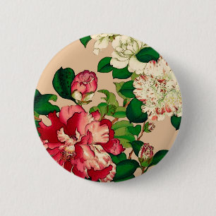 Vintage japanische Kamelien. Tiefrosa auf Beige Button