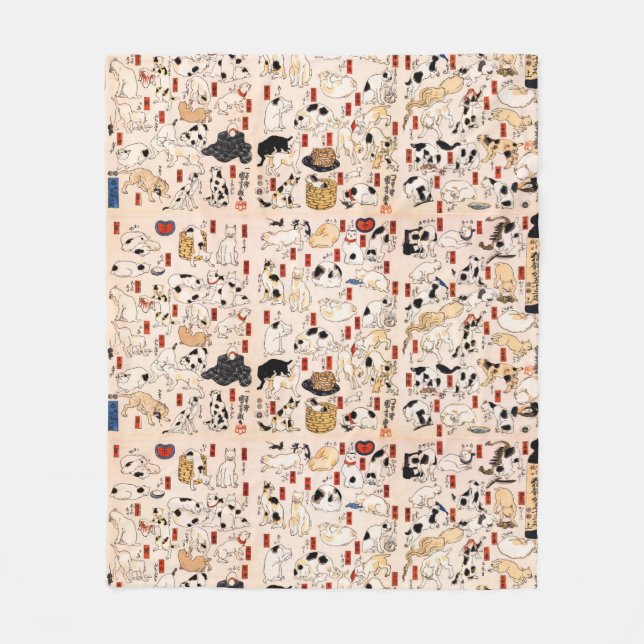 Vintage japanische Katzen Menagerie Woodblock Ukiy Fleecedecke (Vorderseite)