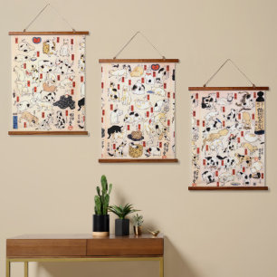 Vintage japanische Katzen von Utagawa Kuniyoshi Wandteppich Mit Holzrahmen