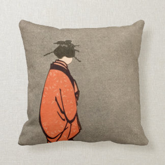 Vintage japanische Kimono-Frau Orange schaut weg Kissen