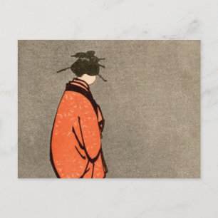 Vintage japanische Kimono-Frauen-Orange, die weg Postkarte