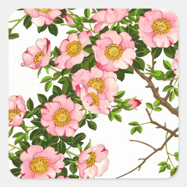 Vintage japanische Kirschblüten, Rosa und Gold Quadratischer Aufkleber (Vorderseite)