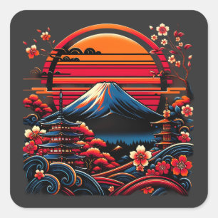 Vintage japanische Kirschblüten-Sakura-Mount Fuji Quadratischer Aufkleber