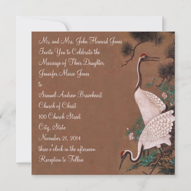 Vintage japanische Krane Hochzeitskrane Einladung (Vorderseite)