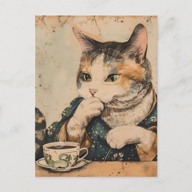 Vintage japanische Kunst niedliche Katze mit einer Postkarte (Vorderseite)