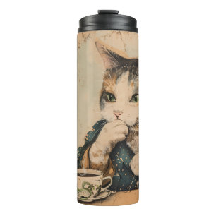 Vintage japanische Kunst niedliche Katze mit einer Thermosbecher