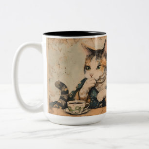 Vintage japanische Kunst niedliche Katze mit einer Zweifarbige Tasse