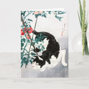 Vintage Japanische Kunst Schwarz Weiß Katze Tomate Karte