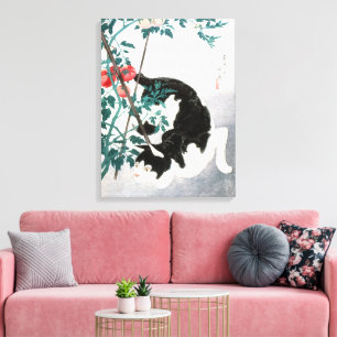 Vintage Japanische Kunst Schwarz Weiß Katze Tomate Leinwanddruck
