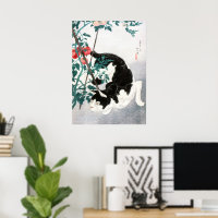 Vintage japanische Kunst Schwarz-Weiß-Katze Tomate