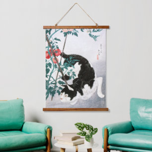 Vintage Japanische Kunst Schwarz Weiß Katze Tomate Wandteppich Mit Holzrahmen
