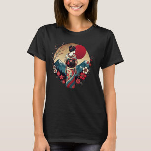 Vintage Japanische Kunst Sonnenuntergang Berg Flor T-Shirt