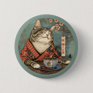 Vintage japanische Kunstkatze mit einer Tasse Tee Button