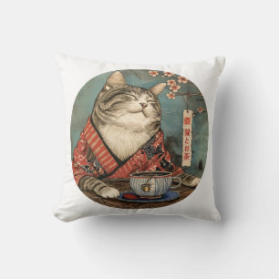 Vintage japanische Kunstkatze mit einer Tasse Tee Kissen