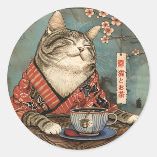 Vintage japanische Kunstkatze mit einer Tasse Tee Runder Aufkleber