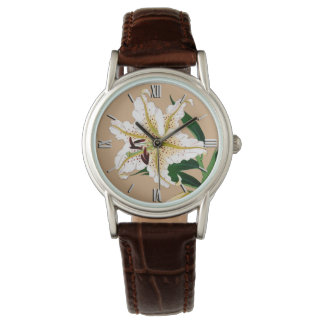 Vintage japanische Liliy. Weiß, Grün und Beige Armbanduhr