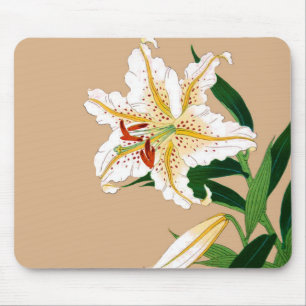 Vintage japanische Liliy. Weiß, Grün und Beige Mousepad