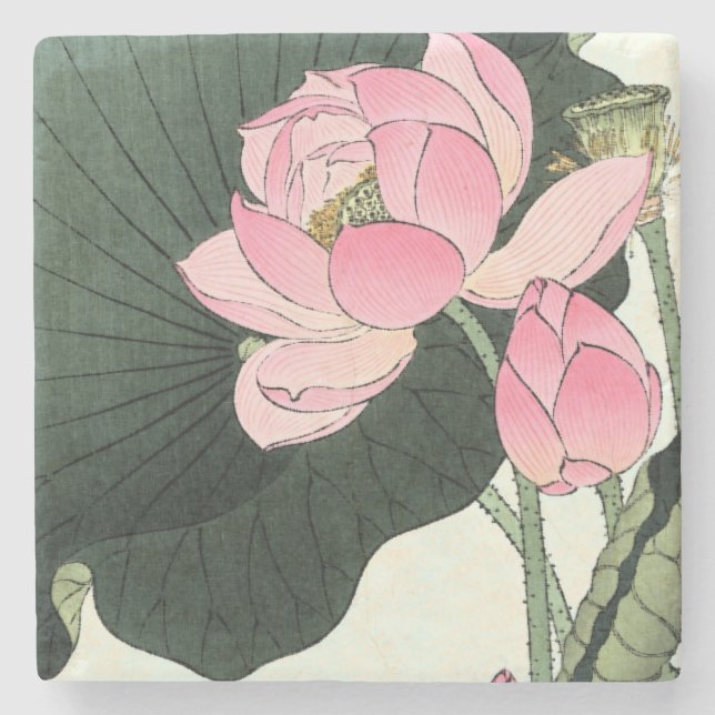 Vintage japanische Lotus-Blume Steinuntersetzer (Vorderseite)