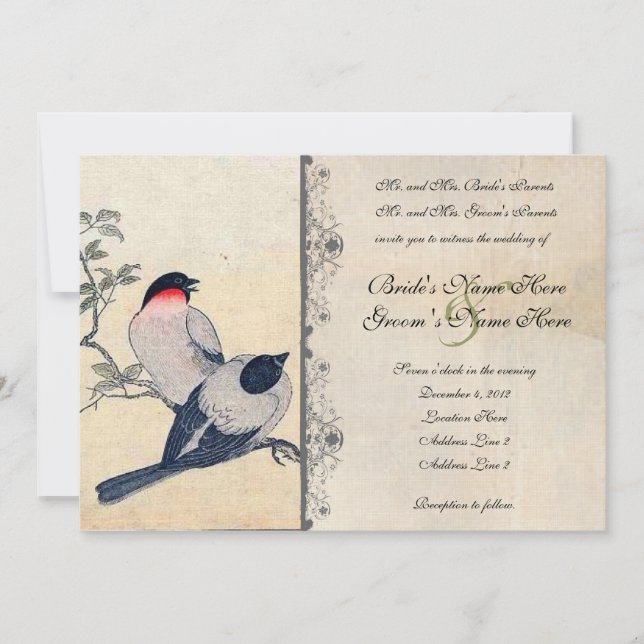 Vintage japanische Lovebirds Hochzeitsreise Einladung (Vorderseite)