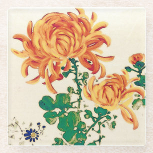 Vintage japanische Malerei Chrysanthemas Glasuntersetzer