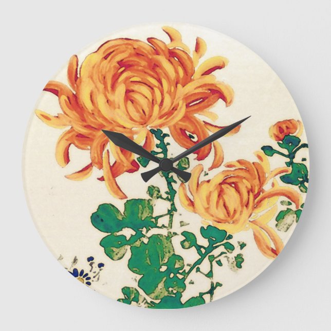 Vintage japanische Malerei Chrysanthemas Große Wanduhr (Vorderseite)