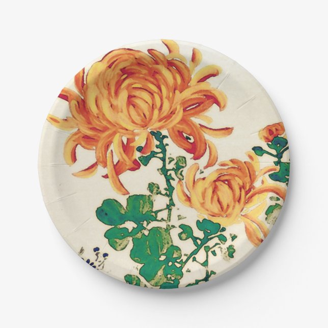 Vintage japanische Malerei Chrysanthemas Pappteller (Vorderseite)