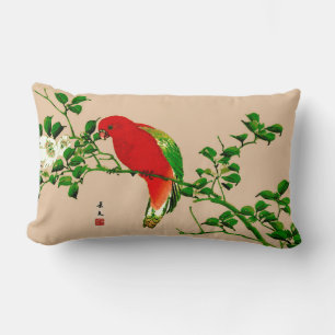 Vintage japanische Malerei eines Papageis, Rot & G Lendenkissen